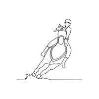 One continuous line drawing of people riding the horse. A jockey is someone who rides a horse in a race. Riding the horse in simple linear style vector illustration. Suitable design for your asset.