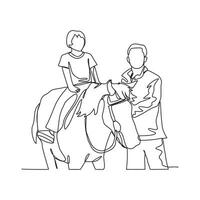 One continuous line drawing of people riding the horse. A jockey is someone who rides a horse in a race. Riding the horse in simple linear style vector illustration. Suitable design for your asset.