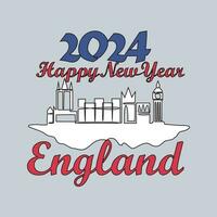 One continuous line drawing of Happy New Year in England with skyline background concept.Happy New Year in England in simple linear style vector illustration. Suitable design for greeting card, poster