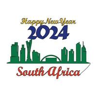 One continuous line drawing of Happy New Year in South Africa. New Year Design with South Africa skyline in simple linear style vector illustration. Suitable for greeting card, poster and banner.