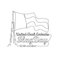 One continuous line drawing of UAE Flag Days on November 3rd. UAE Flag Days design in simple linear style illustration. Suitable for greeting card, poster and banner. Patriotic design concept. vector