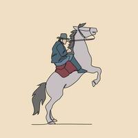 One continuous line drawing of people riding the horse. A jockey is someone who rides a horse in a race. Riding the horse in simple linear style vector illustration. Suitable design for your asset.