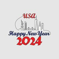 One continuous line drawing of Happy New Year in USA. Happy New Year design with USA skyline in simple linear style vector illustration. Suitable design for greeting card, poster and banner.