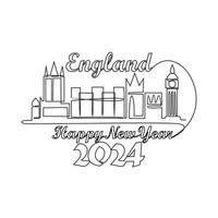 One continuous line drawing of Happy New Year in England with skyline background concept.Happy New Year in England in simple linear style vector illustration. Suitable design for greeting card, poster