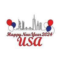 One continuous line drawing of Happy New Year in USA. Happy New Year design with USA skyline in simple linear style vector illustration. Suitable design for greeting card, poster and banner.