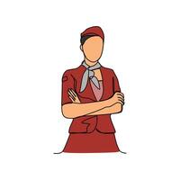 One continuous line drawing of Flight attendant profession with white background. Flight attendant profession design concept in simple linear style. Flight attendant profession design concept vector. vector