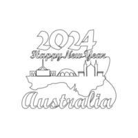 One continuous line drawing of Happy New Year in Australia. Happy New Year design with Australia skyline in simple linear style vector illustration.Suitable design for greeting card, poster and banner