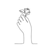 One continuous line drawing of a hand is holding a beautiful flower. A rose in simple linear style vector illustration. design with Minimalist black linear design isolated concpet plant vector.