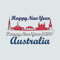 One continuous line drawing of Happy New Year in Australia. Happy New Year design with Australia skyline in simple linear style vector illustration.Suitable design for greeting card, poster and banner