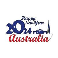 One continuous line drawing of Happy New Year in Australia. Happy New Year design with Australia skyline in simple linear style vector illustration.Suitable design for greeting card, poster and banner