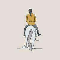 One continuous line drawing of people riding the horse. A jockey is someone who rides a horse in a race. Riding the horse in simple linear style vector illustration. Suitable design for your asset.