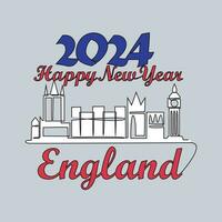 One continuous line drawing of Happy New Year in England with skyline background concept.Happy New Year in England in simple linear style vector illustration. Suitable design for greeting card, poster