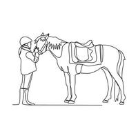 One continuous line drawing of people riding the horse. A jockey is someone who rides a horse in a race. Riding the horse in simple linear style vector illustration. Suitable design for your asset.