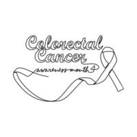 One continuous line drawing of colorectal cancer awareness month with white background. Awareness ribbon design in simple linear style. healthcare and medical design concept vector illustration.