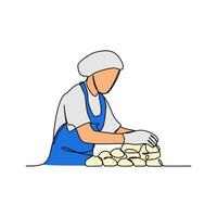 One continuous line drawing of baker working activity with white background. create bread working activity design in simple linear style. baker working people design concept vector illustration.