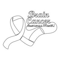 One continuous line drawing of brain cancer awareness month with white background. Awareness ribbon design in simple linear style. healthcare and medical design concept vector illustration.