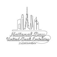 One continuous line drawing of UAE National Days on December 2nd. UAE National Days design in simple linear style illustration. Suitable for greeting card, poster and banner. Patriotic design concept. vector