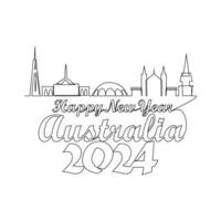 One continuous line drawing of Happy New Year in Australia. Happy New Year design with Australia skyline in simple linear style vector illustration.Suitable design for greeting card, poster and banner