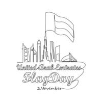 One continuous line drawing of UAE Flag Days on November 3rd. UAE Flag Days design in simple linear style illustration. Suitable for greeting card, poster and banner. Patriotic design concept. vector