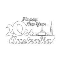 One continuous line drawing of Happy New Year in Australia. Happy New Year design with Australia skyline in simple linear style vector illustration.Suitable design for greeting card, poster and banner