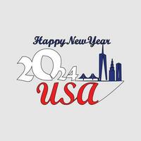 One continuous line drawing of Happy New Year in USA. Happy New Year design with USA skyline in simple linear style vector illustration. Suitable design for greeting card, poster and banner.