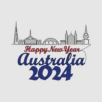 One continuous line drawing of Happy New Year in Australia. Happy New Year design with Australia skyline in simple linear style vector illustration.Suitable design for greeting card, poster and banner