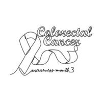 One continuous line drawing of colorectal cancer awareness month with white background. Awareness ribbon design in simple linear style. healthcare and medical design concept vector illustration.