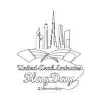 One continuous line drawing of UAE Flag Days on November 3rd. UAE Flag Days design in simple linear style illustration. Suitable for greeting card, poster and banner. Patriotic design concept. vector