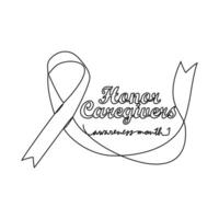 One continuous line drawing of honor cargivers awareness month with white background. Awareness ribbon design in simple linear style. healthcare and medical design concept vector illustration.