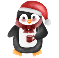 adorável pinguim dentro vermelho chapéu e cachecol desfrutando Natal café png