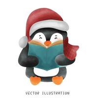 Cozy Christmas Penguin Reading a Book Watercolor Festive Illustration vector