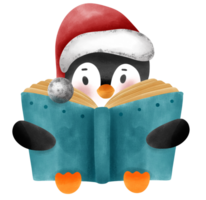 confortable Noël manchot en train de lire une livre aquarelle de fête illustration png