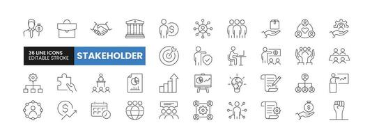 Set of 36 Stakeholder line icons set. Stakeholder outline icons with editable stroke collection. Includes Project, Growth, Investor, Report, Presentation, and More. vector