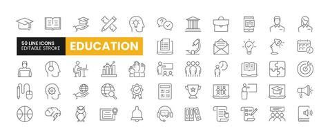 Set of 50 Education line icons set. Education outline icons with editable stroke collection. Includes E-Learning, University, Teacher, Audio Book, Graduation and More. vector