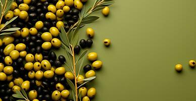 Many olives, top view - AI generated image photo