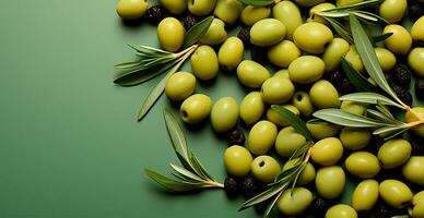 Many olives, top view - AI generated image photo