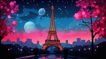 Postcard with night Paris, the Eiffel Tower, river, neon style. Ai Generated photo