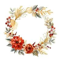 Christmas wreath of red and white poinsettia and leaves. Watercolor illustration. Ai Generated photo