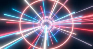 Abstract multi-colored energy futuristic hi-tech tunnel of flying circles and lines neon magic glowing background photo