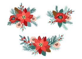 Set of Christmas floral design elements. Flowers, leaves, needles, berries Vector illustrations