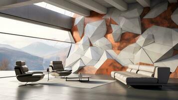 Modern living room with wooden geometric wall, Generative AI photo