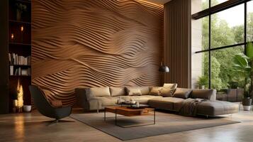 Modern living room with wooden geometric wall, Generative AI photo
