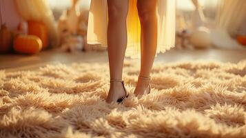 Beautiful female feet on a soft fluffy beige carpet, the concept of home comfort and warmth photo