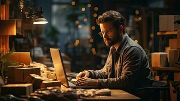 Male IT specialist freelancer working remotely at a laptop, concept of digital professions and success business and career photo