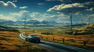 un moderno eléctrico coche unidades a lo largo el la carretera en contra el fondo de un viento turbina poder estación, el concepto de ambientalmente simpático y verde energía, renovable energía fuentes foto