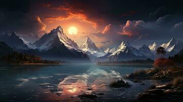 Frozen ice lake and high snow-capped winter mountains at sunset, beautiful mountain natural landscape photo