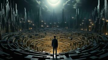 Man in a labyrinth, concept of difficulty making a decision and finding your way photo