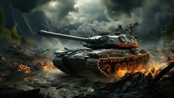 Powerful armored military battle tank with strong armor and big gun rides on the battlefield in the war photo