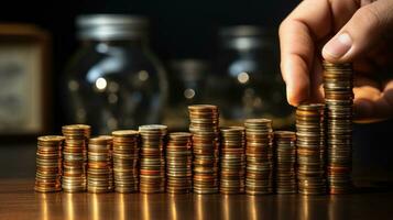 Stacks of money gold valuable coins, concept finance and credit wealth financial literacy banking photo