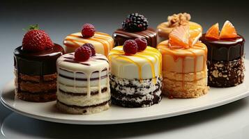Large set of delicious sweet cakes with berries cream and chocolate dessert photo
